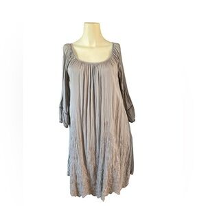 GIULIA ITALY PEASANT TUNIC DRESS BOHO STYLE SILK SHELL EMBROIDERED TRIM TAUPE